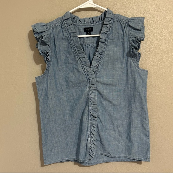 J. Crew Denim Blue 100% Cotton Sleeveless Ruffle Top Women’s Size Small - Picture 3 of 11